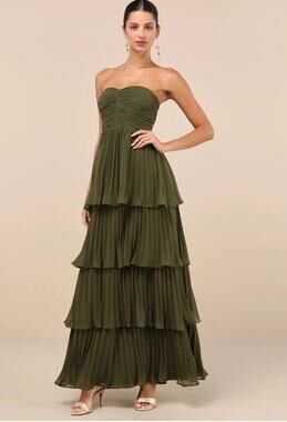 Lulus Seriously Sensational Olive Green Strapless Tiered Maxi Dress Size Medium